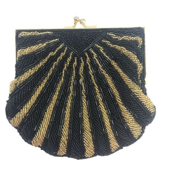 Beaded Clutch Or Crossbody Bag Formal Black & Gold 7 X 7 Sp - Picture 2 of 7